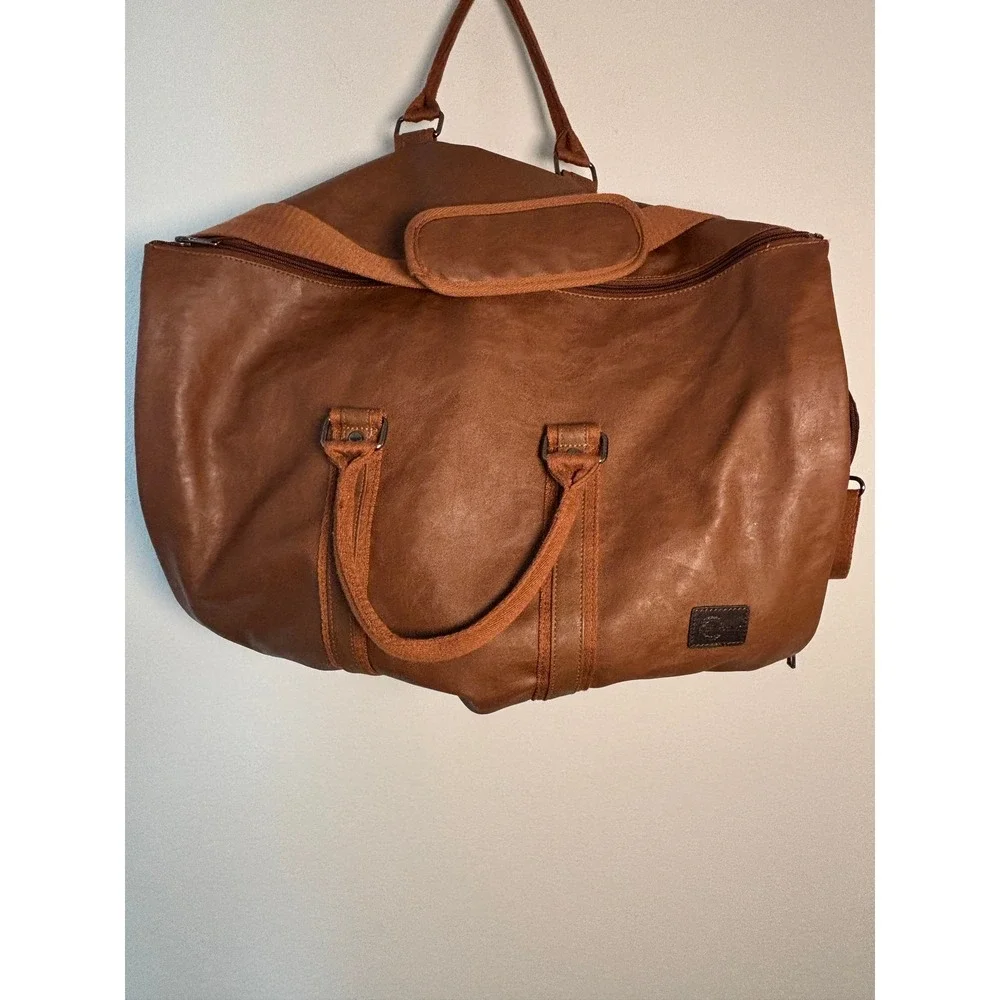 Seyfocnia Brown Faux Leather Duffle Bag Travel Weekender Gym Bag Shoe